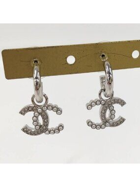 Chanel Earrings Stud Rhinestone Faux Pearl Plated Silver